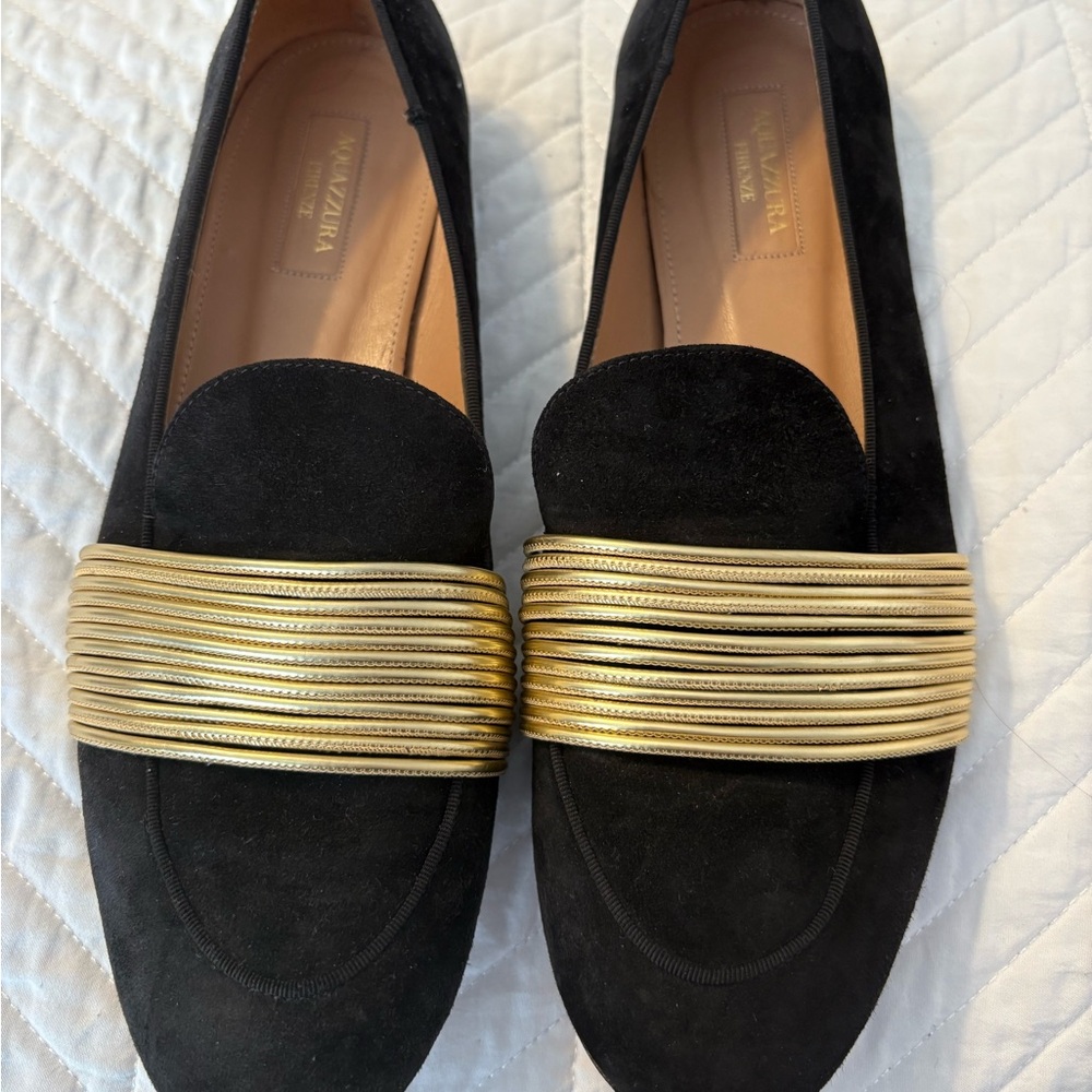 Aquazzura Women's Black and Gold Loafers Made in Italy